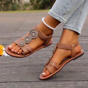 Sandalias Planas Boho con Pedrería y Medallón, Tira Elástica Trenzada en el Tobillo, Punta Abierta, Zapatos para Caminar al Aire Libre y Vacaciones - Product Image 6