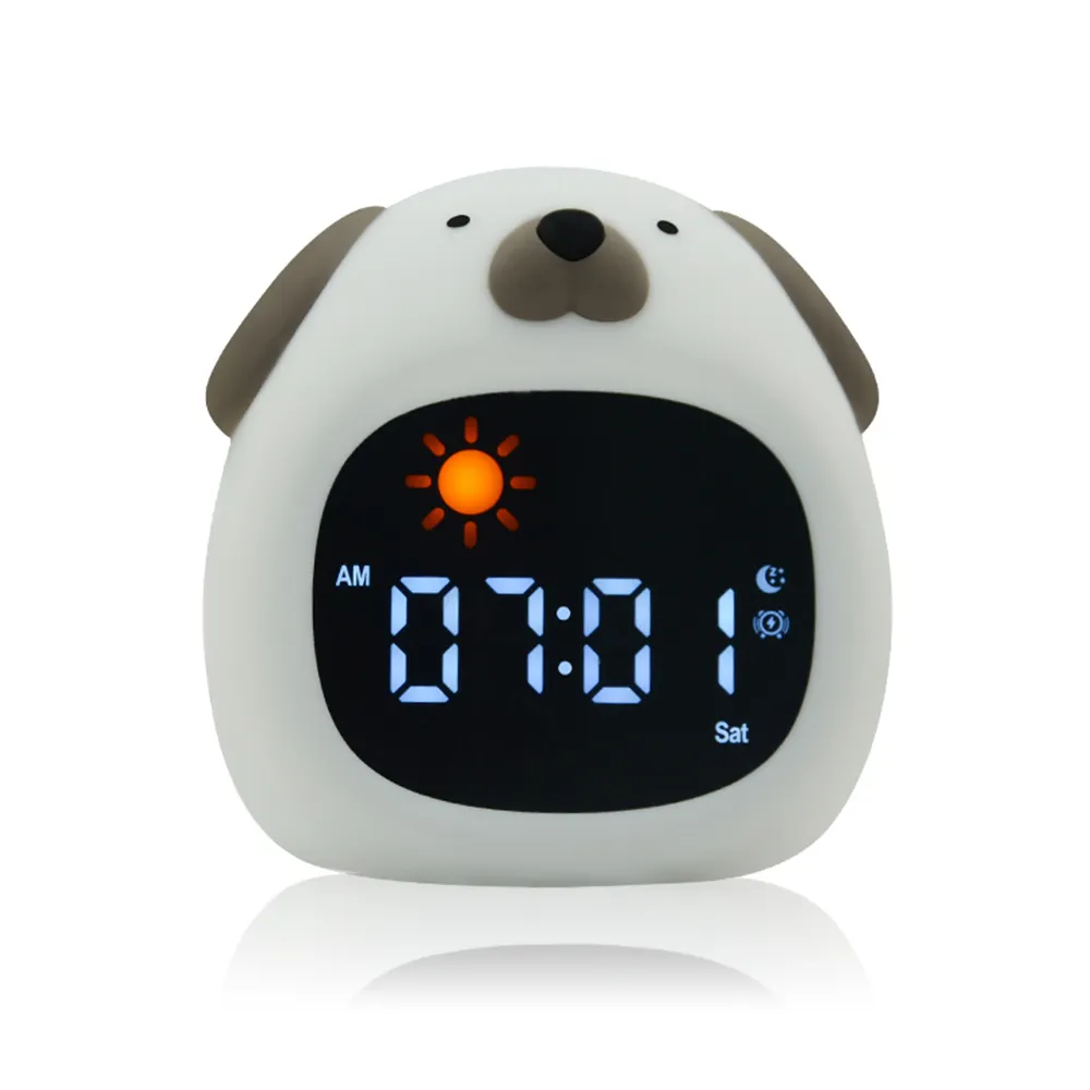Jam Alarm proyeksi cahaya alami, Speaker karton Modern, musik, mesin kebisingan wajah lucu, Jam Alarm proyeksi matahari terbit untuk bayi anak-anak