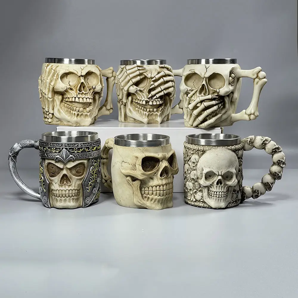 WIDEAL Stainless Steel Skull Mug Skeleton Resin Beer Stein Tankard viking mug Drinkware Gift