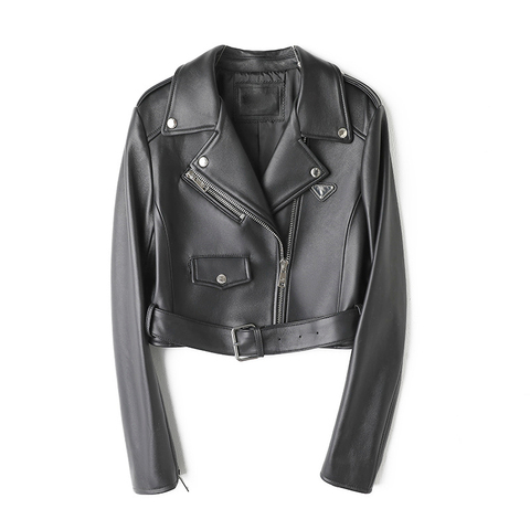 3201 Fashion Turn Down Collar Zipper Long Sleeves Short Style Natural Leather Motorcycle Jacket Coat for Women