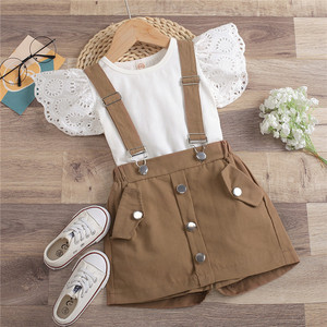 Conjuntos de ropa para niños pequeños, Top de punto con mangas de encaje y pantalones tipo overol, 2 uds., ropa para niños, traje de verano para niñas de 2 a 7 años - Product Image 4