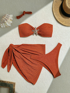 Nouveau 2026 Ensemble bikini 3 pièces sexy pour femme, couleur unie, comprenant un <span class=keywords><strong>haut</strong></span> <span class=keywords><strong>bustier</strong></span>, une jupe <span class=keywords><strong>de</strong></span> plage cache-<span class=keywords><strong>maillot</strong></span> et un <span class=keywords><strong>maillot</strong></span> <span class=keywords><strong>de</strong></span> <span class=keywords><strong>bain</strong></span> bikini à imprimé étoiles et dos nu - Product Image 5