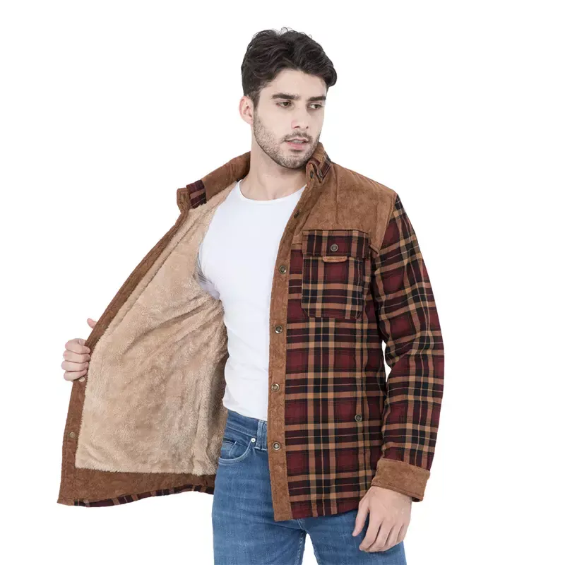 Toptan amerikan boyutu kış erkek tam pamuklu pazen kalın kapşonlu gömlek Patchwork açık gömlek ceket Sherpa astar ile