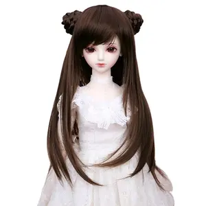 long straight black bjd/18 inches doll wig with two hair buns