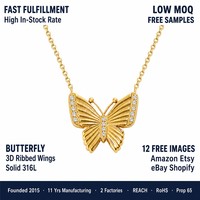 Collier pendentif papillon en zircon plaqué or 18 carats en acier inoxydable, résistant à l'eau et au ternissement, prêt à être expédié en gros