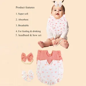 4Pcs/set Infant Baby Girl Double Side Cotton Bib Custom Muslin Cotton Feeding Drooling Bibs With Bow Headband Set