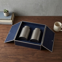 Boîte Cadeau de Luxe Écologique Bleu Profond et Argenté pour Thé, Emballage Rigide à Double Porte avec Insert en Velours pour Service à Thé Premium