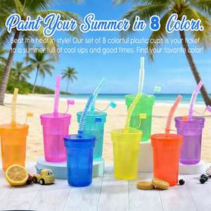 Paquete de 6 Vasos de Plástico de 12oz para Fiestas Infantiles con Tapas y Pajitas, Vasos Coloridos a Prueba de Fugas para Fiestas de Cumpleaños, Días Festivos y Uso al Aire Libre - Product Image 3