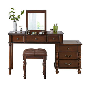 Table de maquillage en bois massif de style américain avec miroir, coiffeuse intégrée pour chambre à coucher, petite console moderne avec rangement - Product Image 3