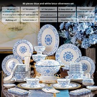 Ensemble de bols et d'assiettes en céramique de luxe de Jingdezhen, nouveau motif végétal chinois, émail bleu et blanc, passe au micro-ondes, cadeaux pour les mariages et les célébrations