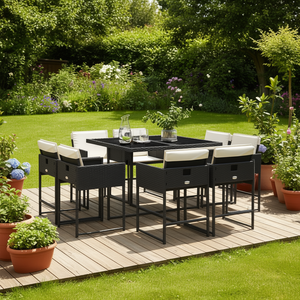 Set da Giardino in Rattan Nero e Bianco Crema, 8 Posti, Arredamento da Esterno per Patio, Design Contemporaneo, Metallo Resistente alle Intemperie - Product Image 2