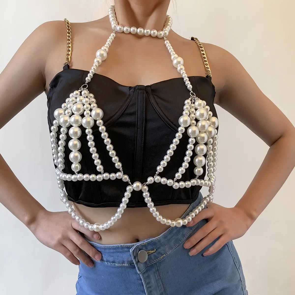 Luxury Fashion Sexy Bra Body Chain White Pearl Waist Belly Chain And Bikini Pearl Bra Body Chain For Women