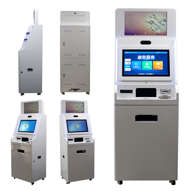 Self-Service Financial Kiosk Indoor Floor Stand Terminal with Id Scanner Card Reader Camera and Thermal Printer for Bank & Hotel