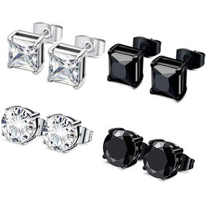 PVD Plated <b>Black</b> and Steel 316L Stainless Steel Zircon <b>Earrings</b> Featuring square and Round Faceted Zircon Designs - Product Image 1