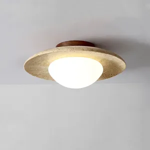 Потолочный светильник Wabi Sabi из желтого травертина и дерева, светодиодный, дисковой формы, в скандинавском стиле, для дома, столовой, прихожей, коридора, балкона, отеля - Product Image 1