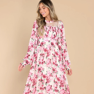 Abito Estivo Casual da Donna Personalizzato con Stampe Floreali, Maniche Lunghe e Volant in Pizzo, Vestito Lungo - Product Image 1