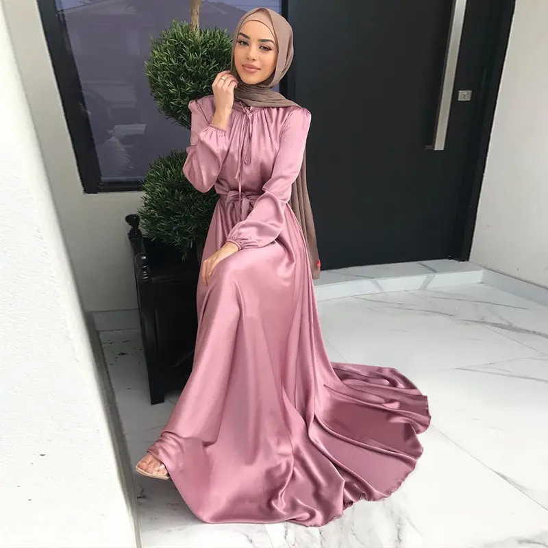 Hot Selling Turkish Dubai Abaya Islamic Clothing Ladies Elegant Satin Women Solid Color Muslim Wedding Dress With Hijab