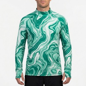 100% Polyester Men's Long Sleeve Quick Dry UPF 50 Anti-UV Hooded Fishing Shirt Green Marble Swirl <b>Print</b> Mock Neck Pullover <b>Top</b> - Product Image 1