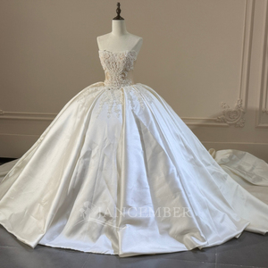 Xs289 Strapless Pearl Beaded Satin Ball Gown Modern <b>Wedding</b> Dress Lace Applique Chapel Train Bridal for - Product Image 2