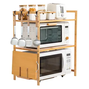 Nuevo diseño, estante de 2 niveles para horno microondas, soporte organizador de almacenamiento, cocina, ahorro de espacio, estante de bambú para horno microondas