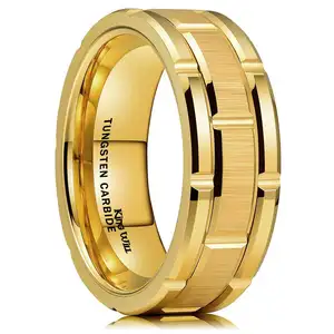 8mm Inlay Homens Tungstênio Carboneto Anéis Ouro/Prata/Preto Tijolo Padrão Grooved Mecânica Tungstênio Bandas De Casamento