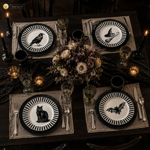 <span class=keywords><strong>Assiette</strong></span> de dîner gothique en porcelaine gravée style <span class=keywords><strong>vintage</strong></span> (corbeau, chat, chauve-souris, sorcière) pour la vente en gros, idéale pour restaurants, cafés, commerces de détail et repas à thème - Product Image 4