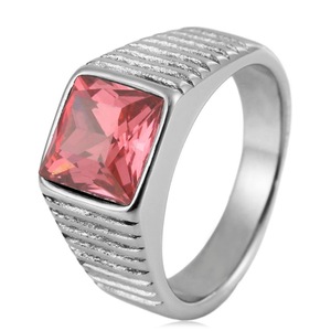 yunnique Men's <b>Titanium</b> Steel <b>Ring</b> Red Square Crystal Geometric Design Bezel Setting Wedding Gift Jewelry - Product Image 4