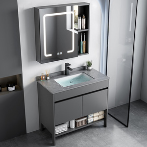 Meuble de salle de bain moderne et minimaliste sur pied pour hôtel, avec vasque intégrée en céramique et armoire miroir intelligente - Product Image 1