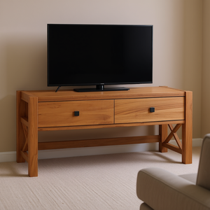 Meuble TV en teck avec tiroirs, meuble de salon moderne, support au sol, finition naturelle - Product Image 2