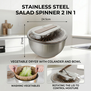 <span class=keywords><strong>Essoreuse</strong></span> à <span class=keywords><strong>salade</strong></span> en acier inoxydable avec poignée à pression, 2 en 1, laveur et sécheur de légumes pour la cuisine - Product Image 2