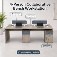 Estación de Trabajo Modular Contemporánea para 4 Personas, Escritorio con Pantalla de Privacidad Azul Gris, Cajón con Cerradura, Tirador Horizontal, Armario, Organizador de Cables