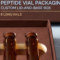 Boîte rigide personnalisée avec couvercle en chocolat pour 6 flacons de peptides, en carton éponge, impression offset, logo estampé à chaud en feuille d'or