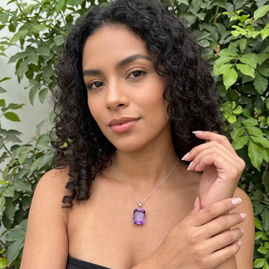 Natural Amethyst <b>Emerald</b> Cut 3cm <b>Pendant</b> 925 Sterling Silver Rhodium Plated Handmade Fine Gemstone Jewelry 22 Carats Women's - Product Image 6