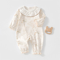 Combinaison pour bébé fille en coton à motif floral, col en dentelle à volants, manches longues, poignets à volants, boutons à pression, combinaison pour bébé