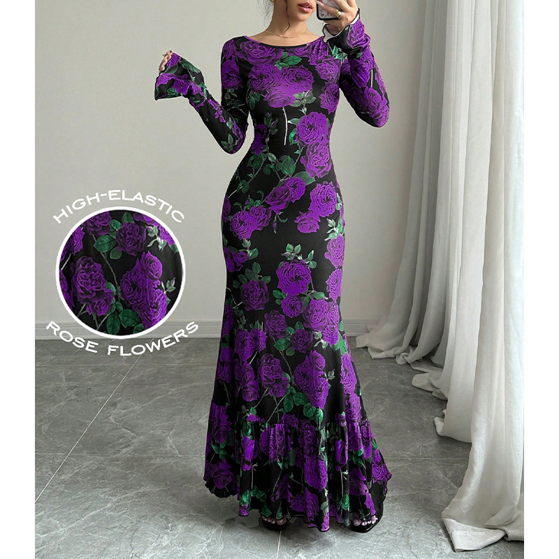 Elegant Women's Floor-Length Maxi Mermaid Dress with Autumn Rose Floral  Print
