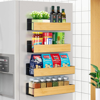 Lot de 4 étagères magnétiques de cuisine, support à épices magnétique à 2 niveaux, support mural en bois d'acacia pour bouteilles d'épices, rangement pour réfrigérateur