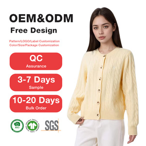 Cardigan da <span class=keywords><strong>Donna</strong></span> OEM ODM a Maniche Lunghe con Collo a O e Orlo a Costine, 100% Lana Lavorata a <span class=keywords><strong>Maglia</strong></span> - Product Image 1