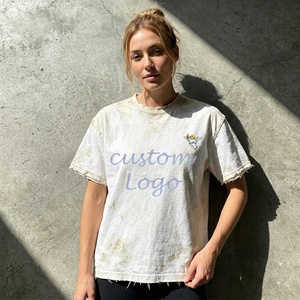 T-shirt décontracté vintage en coton épais, coupe oversize, style streetwear, avec bords effilochés, effet délavé et brossé - Product Image 1
