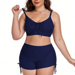 Traje de baño de dos piezas para mujer, talla grande, color sólido, conjunto de bikini de cintura alta con detalle de cordones, ropa de playa para tallas grandes - Product Image 3
