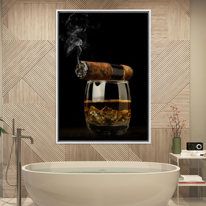<b>Canvas</b> Print: Cigar & Whiskey Glass Art Elegant Dark Still Life,WHITE <b>FRAMED</b> <b>CANVAS</b> - Product Image 3