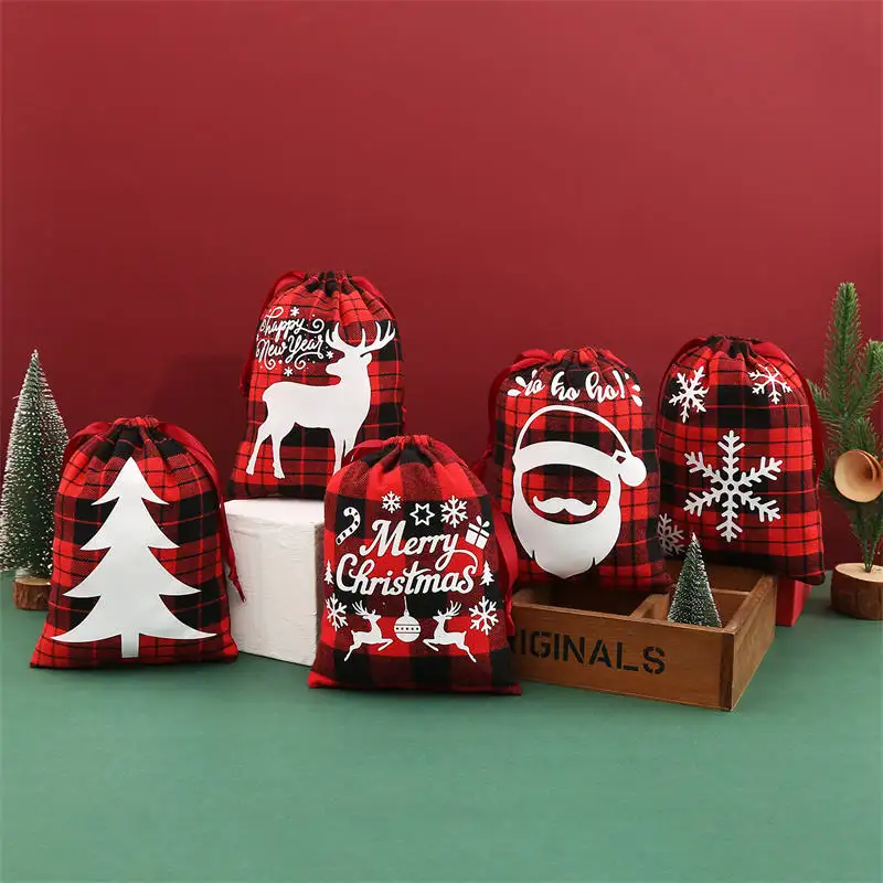 Noël Buffalo Plaid Sac Imprimé Flocon De Neige Bonhomme De Neige Cordon Présent Sac Coton Bonbons Emballage Pour Les Fournitures De Fête De Noël