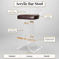 Tabouret de bar moderne en acrylique transparent avec coussin en cuir, dossier et repose-pieds en acier inoxydable doré pour bar à domicile ou salon
