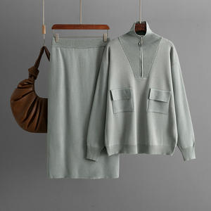 Set Donna Primavera 2025 Nuova <span class=keywords><strong>Moda</strong></span> con Camicia Lavorata a Maglia con Colletto e Zip e Gonna a Metà Lunghezza - Product Image 2