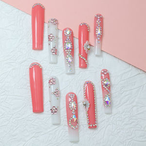 Uñas Acrílicas de Lujo Hechas a Mano al por Mayor, Precio de Fábrica, con Pedrería, Forma Cuadrada, Cobertura Completa 3D, Puntas Francesas, Mariposa, Largas - Product Image 2