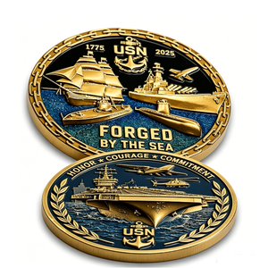 Pièce commémorative USN plaquée or, bronze frappé à l'outil, design circulaire patriotique, forgé par The Sea, honneur, courage, engagement - Product Image 5