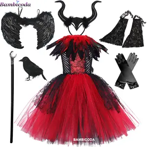 Girls Halloween Cosplay Costume Children Evil Queen Witch Princess Dress Kids Mesh Tutu Dresses Carnival Fantasy Ball Gown Set