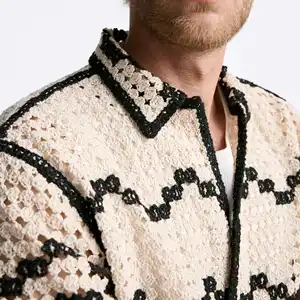 Custom Loose Button Mesh Striped Hollow Out Crochet Sweater Short Sleeve Polo Knit Crochet Shirt Men