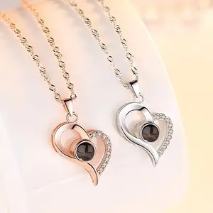 2023 Fashion 100 Language I Love You Crystal Rhinestone Fashion Pendant Projection Heart Necklace