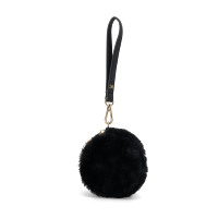 Porte-monnaie rond en fausse fourrure noire avec dragonne courte, fermeture éclair, mini pochette douce et moelleuse, durable, pour pièces de monnaie, clés, AirPods, usage quotidien