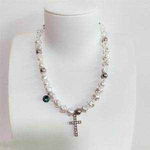 Irregular Pearl <b>Cross</b> Necklace Steel Color Clavicle <b>Chain</b> Everyday Wear - Product Image 2